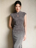 Isolde 2-Piece Bamboo Shadow Gray Jacquard Cheongsam Set