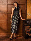 Dorinda Black High-Slit Jacquard Cheongsam