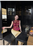 Phlox 2-Piece Crimson Brocade Vest Cheongsam