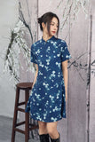 Geranium Blue Butterfly Print Cheongsam Dress
