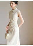 Vina Raw Linen Apricot Slim Cheongsam Dress