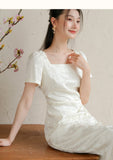 Vita Heron Feather White Slim Cheongsam Dress