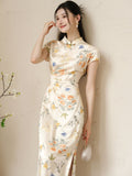 Sage Licorice Apricot Silk Cheongsam Dress