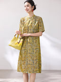Oleander Flower Yellow Jacquard Cheongsam Dress