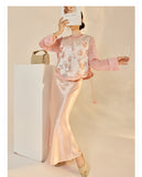 Sonnet 2-Piece Jacquard Vest Pink Skirt Cheongsam Set
