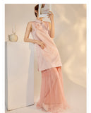 Quintessa Embroidered Peach Fog Cheongsam Dress