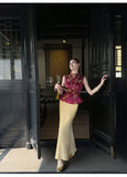Phlox 2-Piece Crimson Brocade Vest Cheongsam