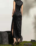 Lunara Black Jacquard Embroidered Cheongsam Dress