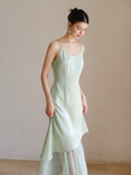 Beatrix Smoke Blue Jacquard Cheongsam Slip Dress