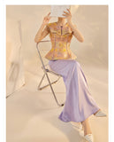 Elara 2-Piece Gold Vest Purple Skirt Cheongsam Set
