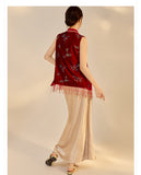 Velvet 2-Piece Embroidered Vest Skirt Cheongsam Set
