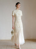 Dahlia Warm Sand Beige Embroidered Cheongsam Dress