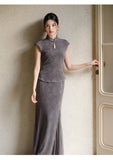 Isolde 2-Piece Bamboo Shadow Gray Jacquard Cheongsam Set