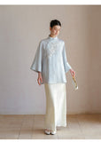 Tiara Cloud Blue Beaded Jacquard Cheongsam Top