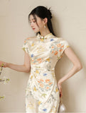 Sage Licorice Apricot Silk Cheongsam Dress