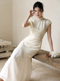 Qing Nectarine Embroidered Mermaid Cheongsam