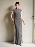 Isolde 2-Piece Bamboo Shadow Gray Jacquard Cheongsam Set