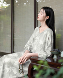 Deneb Light Gray Green Floral Cheongsam Dress