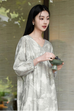 Deneb Light Gray Green Floral Cheongsam Dress