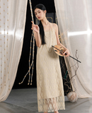 Bella Khaki Lace Slit Cheongsam Dress