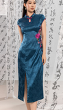 Rhodonite Dark Blue Floral Embroidered Cheongsam Dress