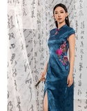 Rhodonite Dark Blue Floral Embroidered Cheongsam Dress