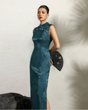 Grace Peacock Blue Green Jacquard Cheongsam Dress