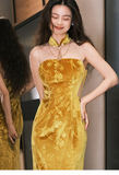 Estate Yellow Velvet Cheongsam Dress