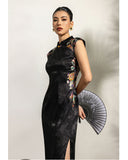 Lunara Black Jacquard Embroidered Cheongsam Dress