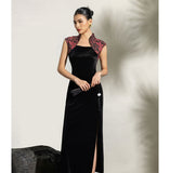 Philippa Black Velvet Floral Embroidered Cheongsam