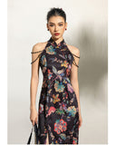 Peach Black Vintage Floral Cheongsam Dress