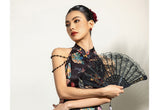Peach Black Vintage Floral Cheongsam Dress