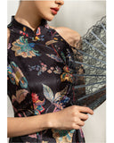 Peach Black Vintage Floral Cheongsam Dress