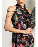 Peach Black Vintage Floral Cheongsam Dress