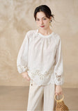 Tanzanite White Cotton Embroidered Cheongsam Top