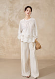 Tanzanite White Cotton Embroidered Cheongsam Top