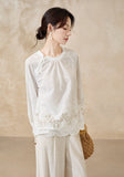 Tanzanite White Cotton Embroidered Cheongsam Top