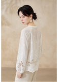 Tanzanite White Cotton Embroidered Cheongsam Top