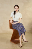 Tranquility Navy Gourd Flower Slit Cheongsam Skirt