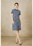 Solstice Blue Embroidered High-Slit Cheongsam Dress