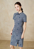 Solstice Blue Embroidered High-Slit Cheongsam Dress