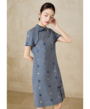 Solstice Blue Embroidered High-Slit Cheongsam Dress