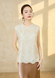 Camellia Almond Beige Beaded Lace Cheongsam Top
