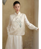 Satin 2-Piece Embroidered Relaxed Fit Yulan Vest Cheongsam