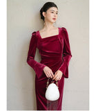 Diamond Wine Velvet Cheongsam Dress