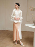 Fluorite Short Embroidered Ostrich Feather Cheongsam Vest