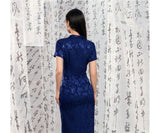 Acclaimed Dark Blue Jacquard Cheongsam Dress