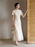 Dahlia Warm Sand Beige Embroidered Cheongsam Dress