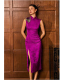 Acacia Purple Embroidered Jacquard Cheongsam Dress