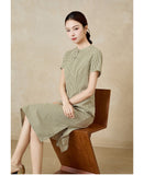 Mia Green Pleated High-Slit Cheongsam Dress
